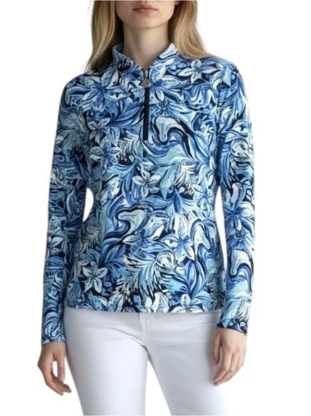 Stella Parker Golf Collection 1/4 Zip Long Sleeve Top Blue Floral S